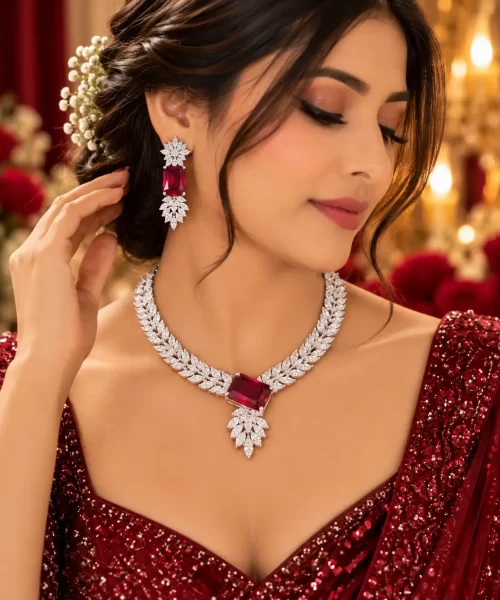 Ruby Red Leaf Design AD Necklace Set with Matching Earrings