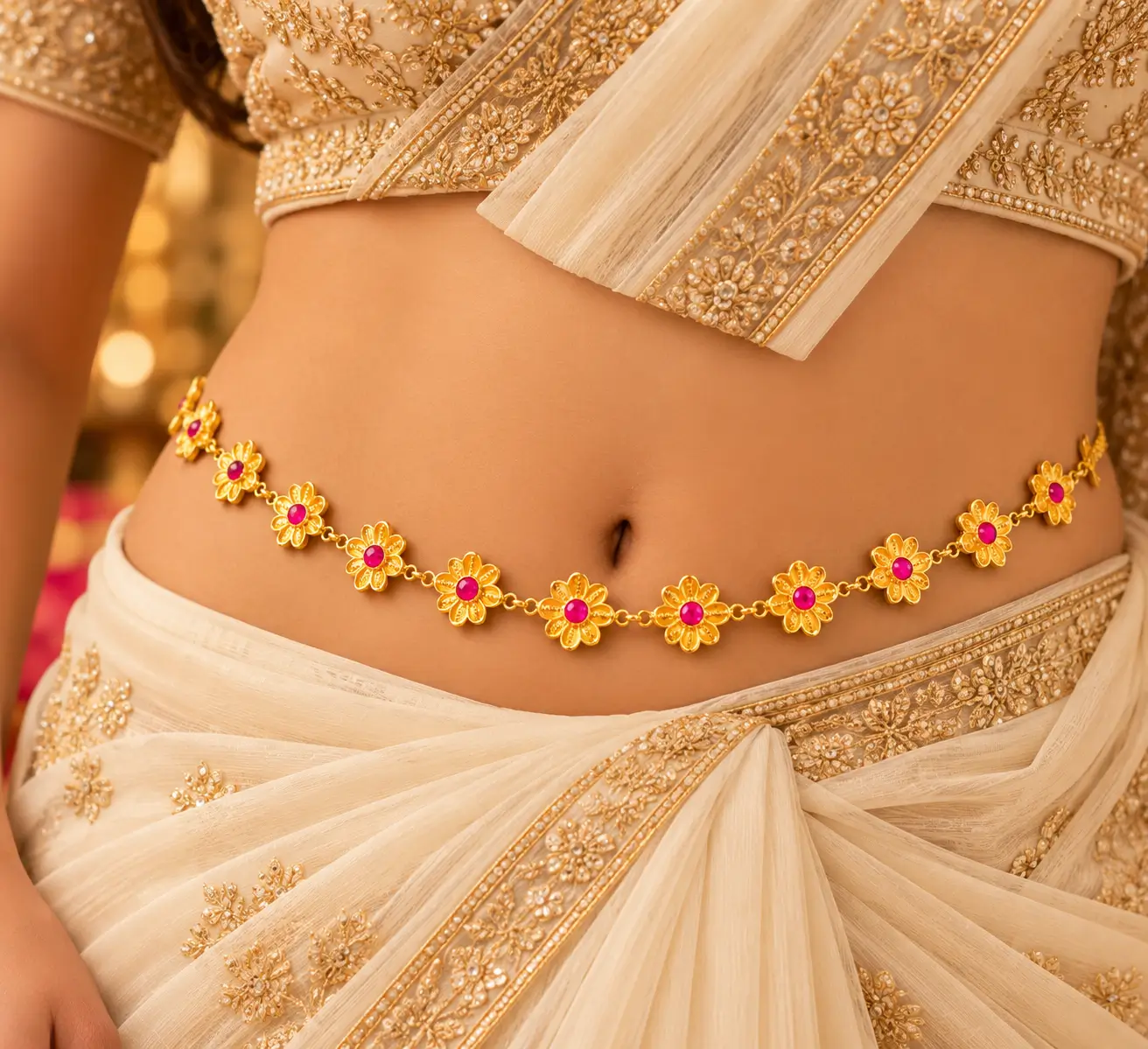 Gold Floral Kamarbandh with Pink Stone Accents