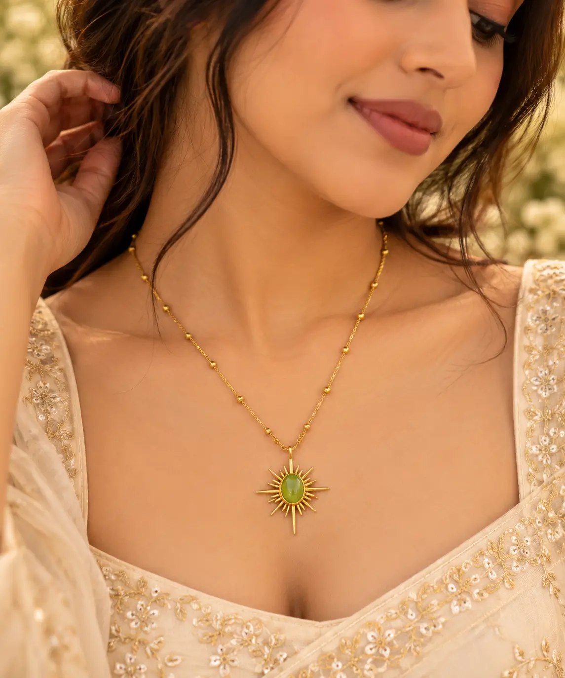 Golden Sunburst Green Stone Anti-Tarnish Necklace