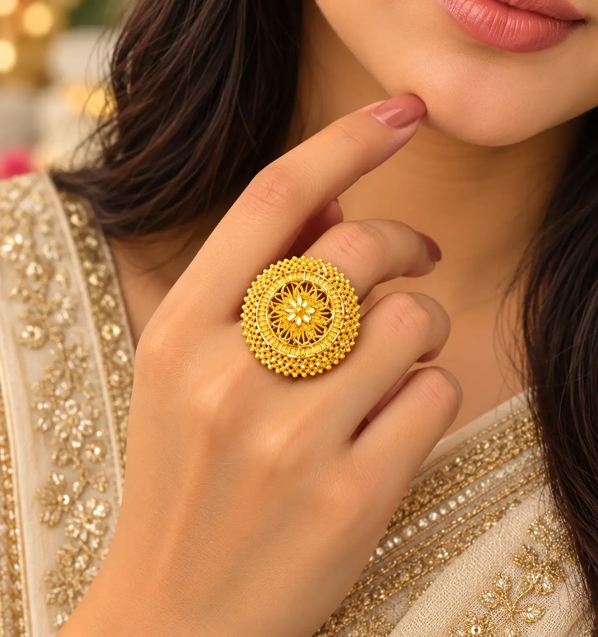 Gold Plated Floral Filigree Statement Finger Ring