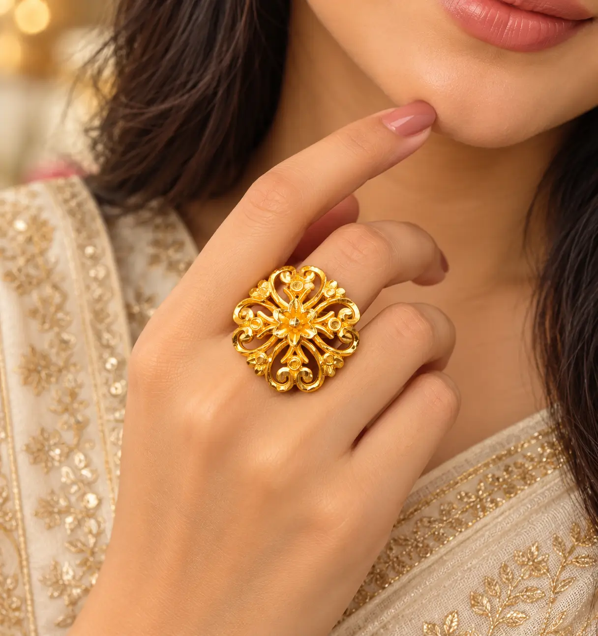 Gold Plated Floral Filigree Finger Ring