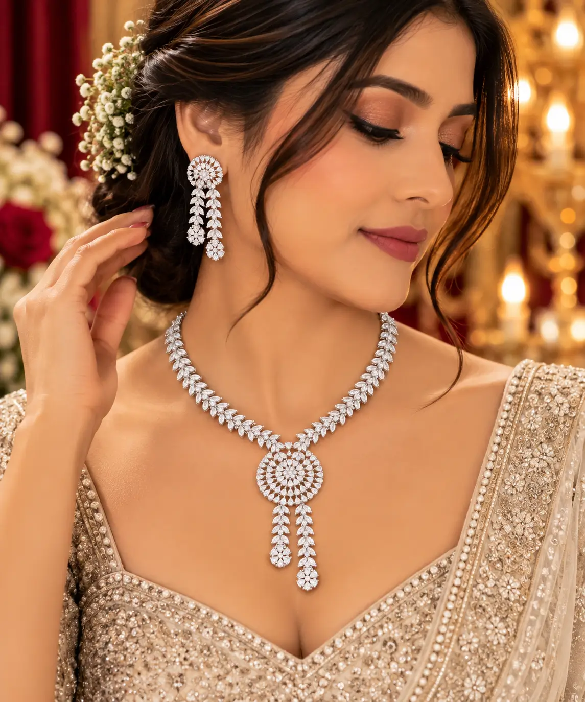 Elegant Floral Leaf Design AD Necklace Set with Matching Earrings
