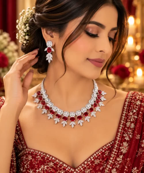 Red Stone Leaf Design AD Necklace Set