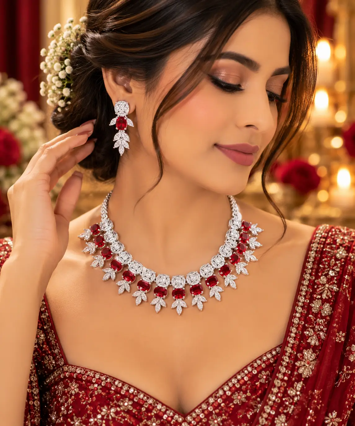 Red Stone Leaf Design AD Necklace Set