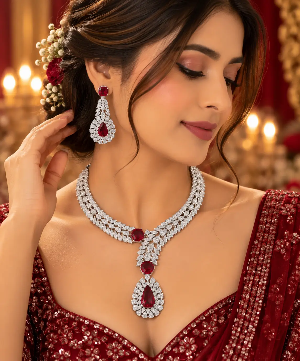 Red Ruby Leaf Cascade AD Necklace Set